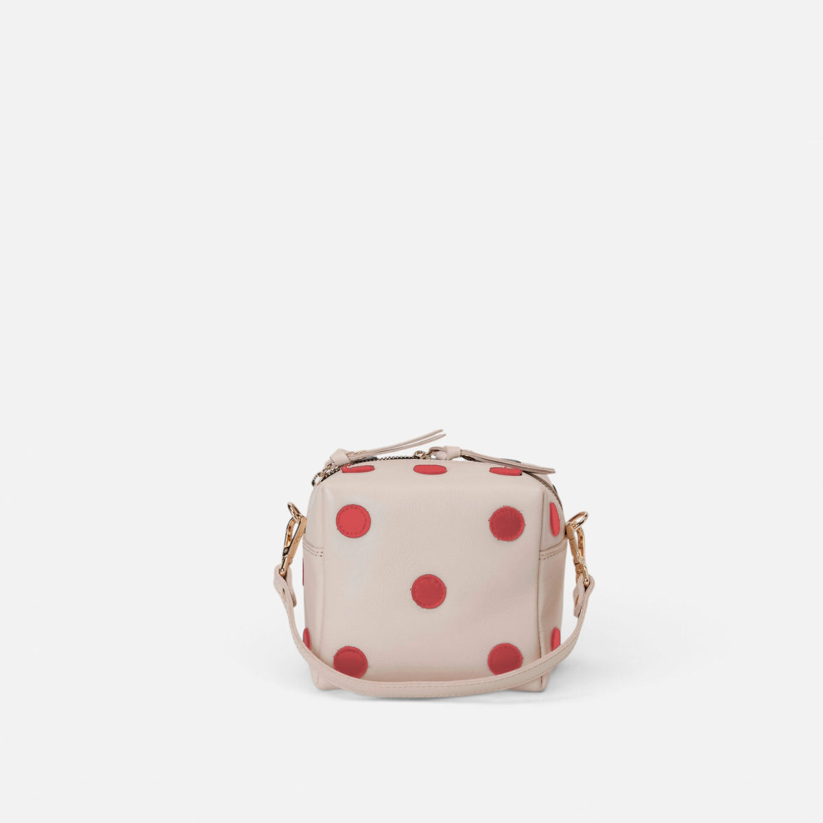Dado Blanco y Rojo de Mercules – bolso de piel con forma de dado blanco con puntos rojos, con asa de piel