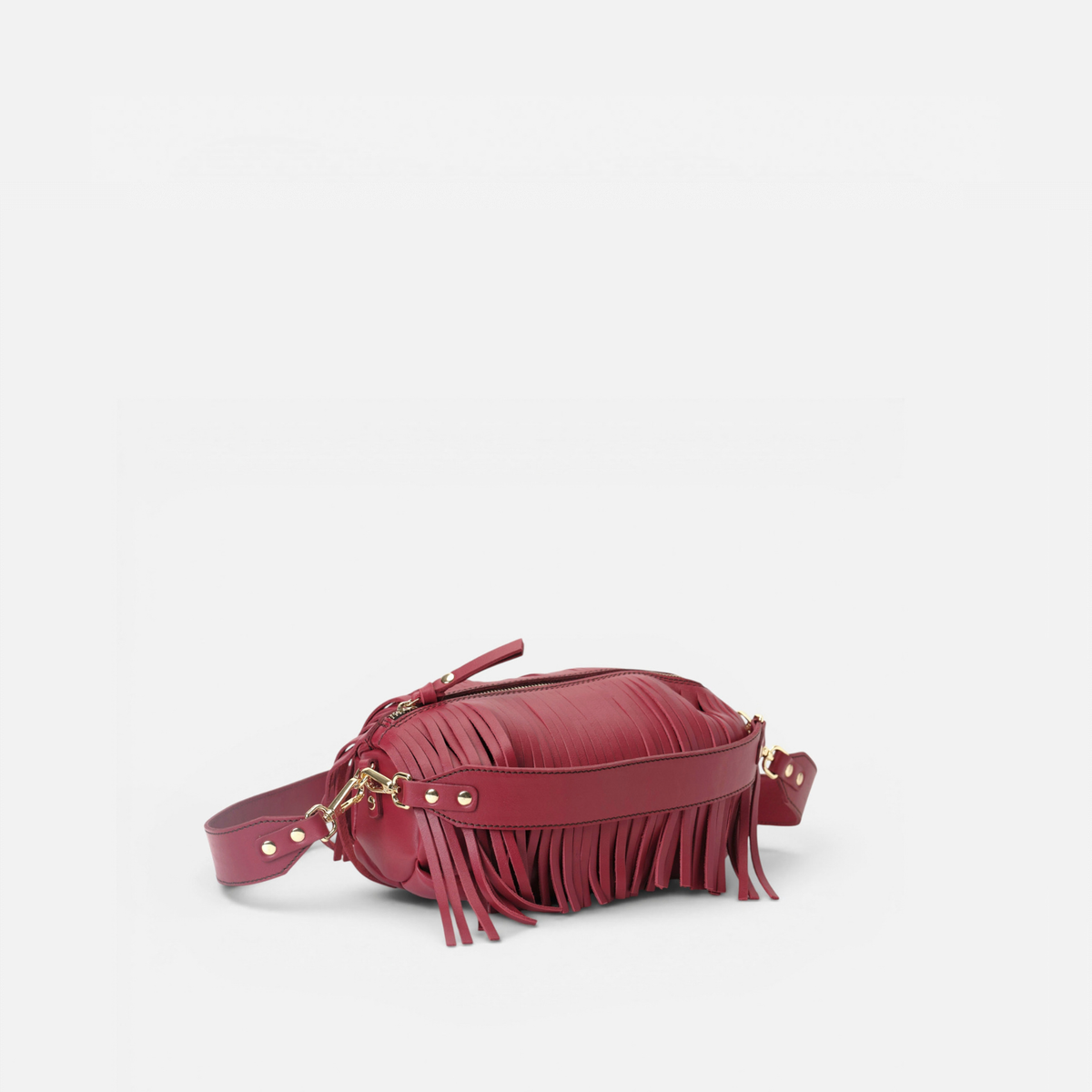 Otra vista: bolso de piel con flecos Scott color rojo lipstick, de Mercules