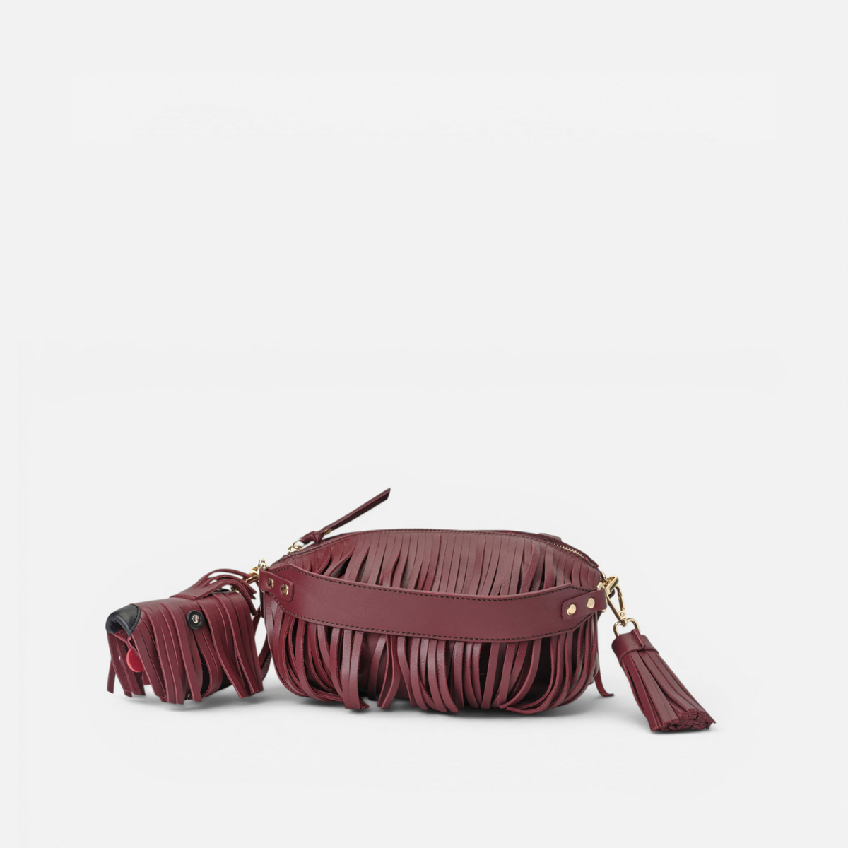 Otra vista: bolso de piel con flecos Scott color burdeos, de Mercules
