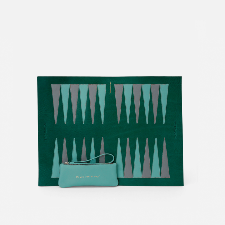 Pack Backgammon grande Verde de Mercules – backgammon de piel verde con tablero grande, hecho a mano en España