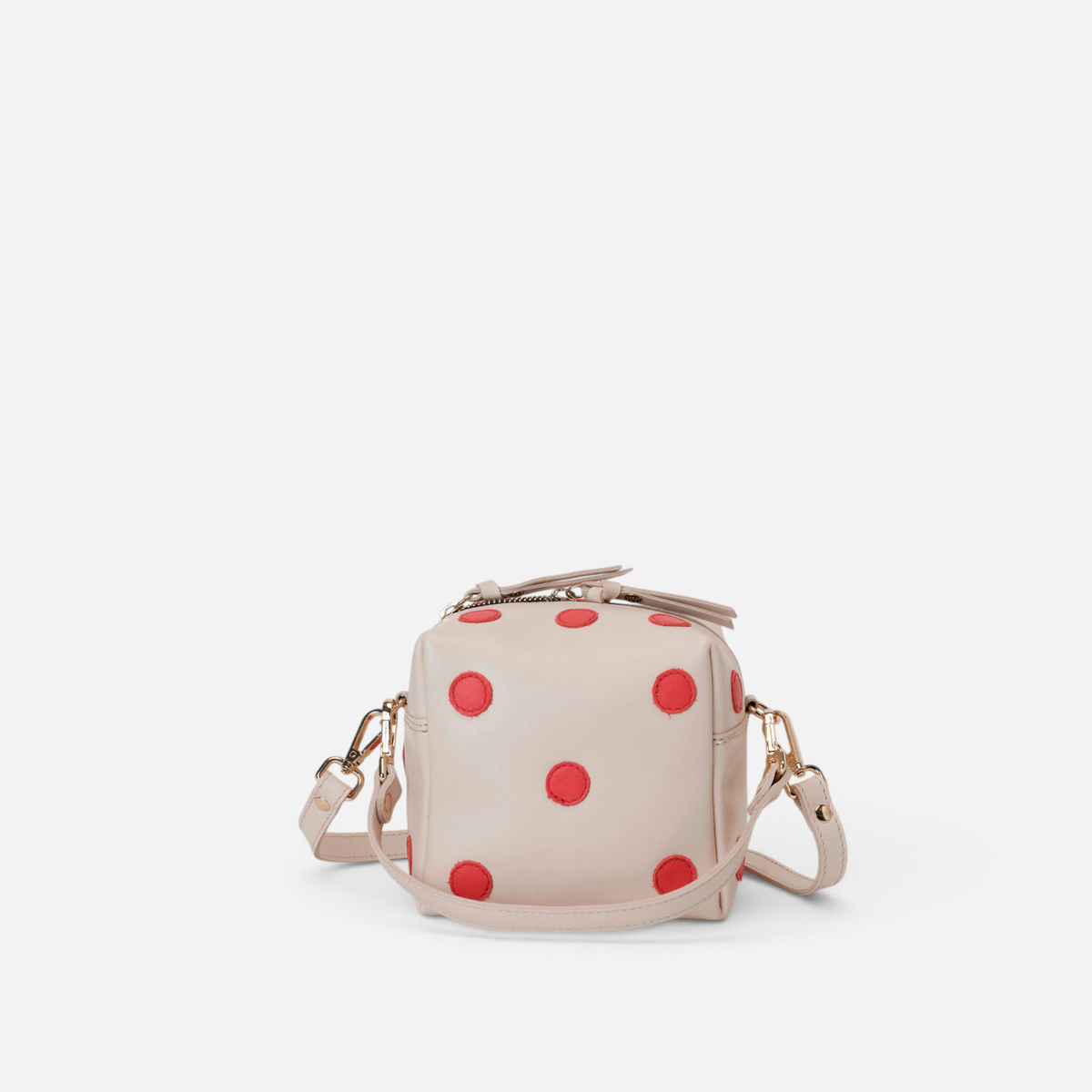 Dado Blanco y Rojo de Mercules – bolso de piel con forma de dado blanco con puntos rojos, vista 5
