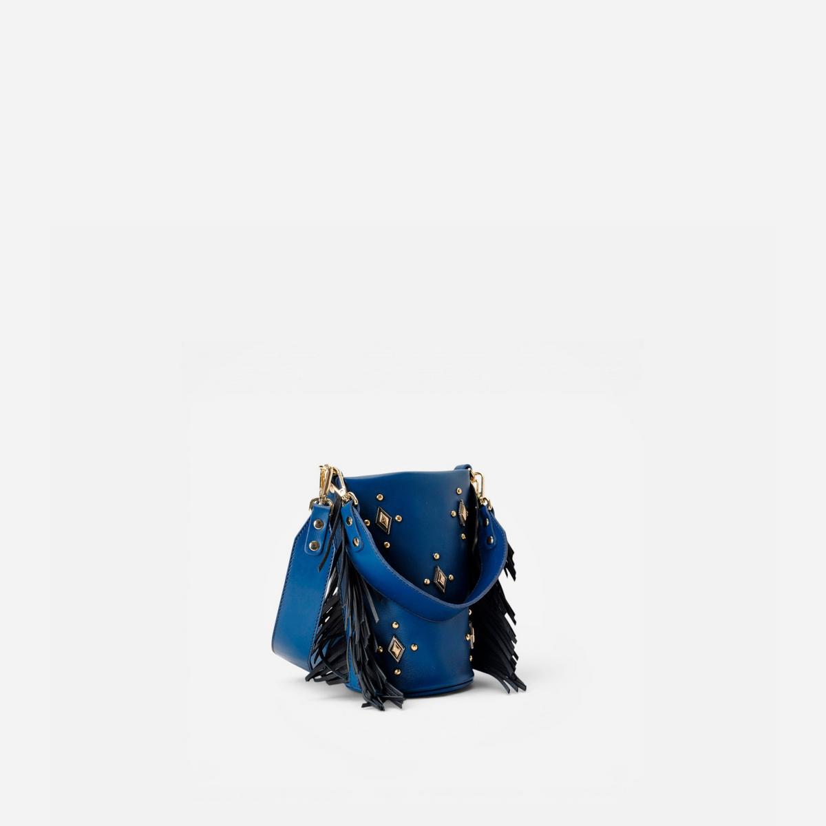 Otra vista: bolso pequeño con flecos Candy Flecos color azul marino y negro, de Mercules