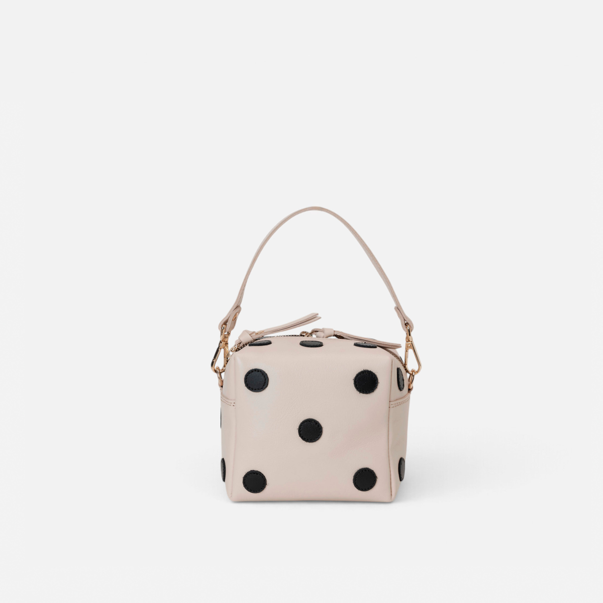 Dado Blanco y Negro de Mercules – bolso de piel con forma de dado blanco con puntos negros, hecho a mano en España