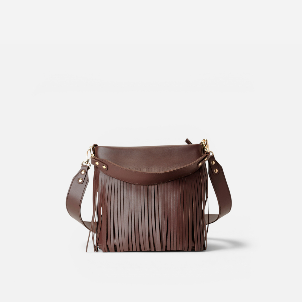 Otra vista: bolso de piel con flecos Tango flecos color marrón testa, de Mercules