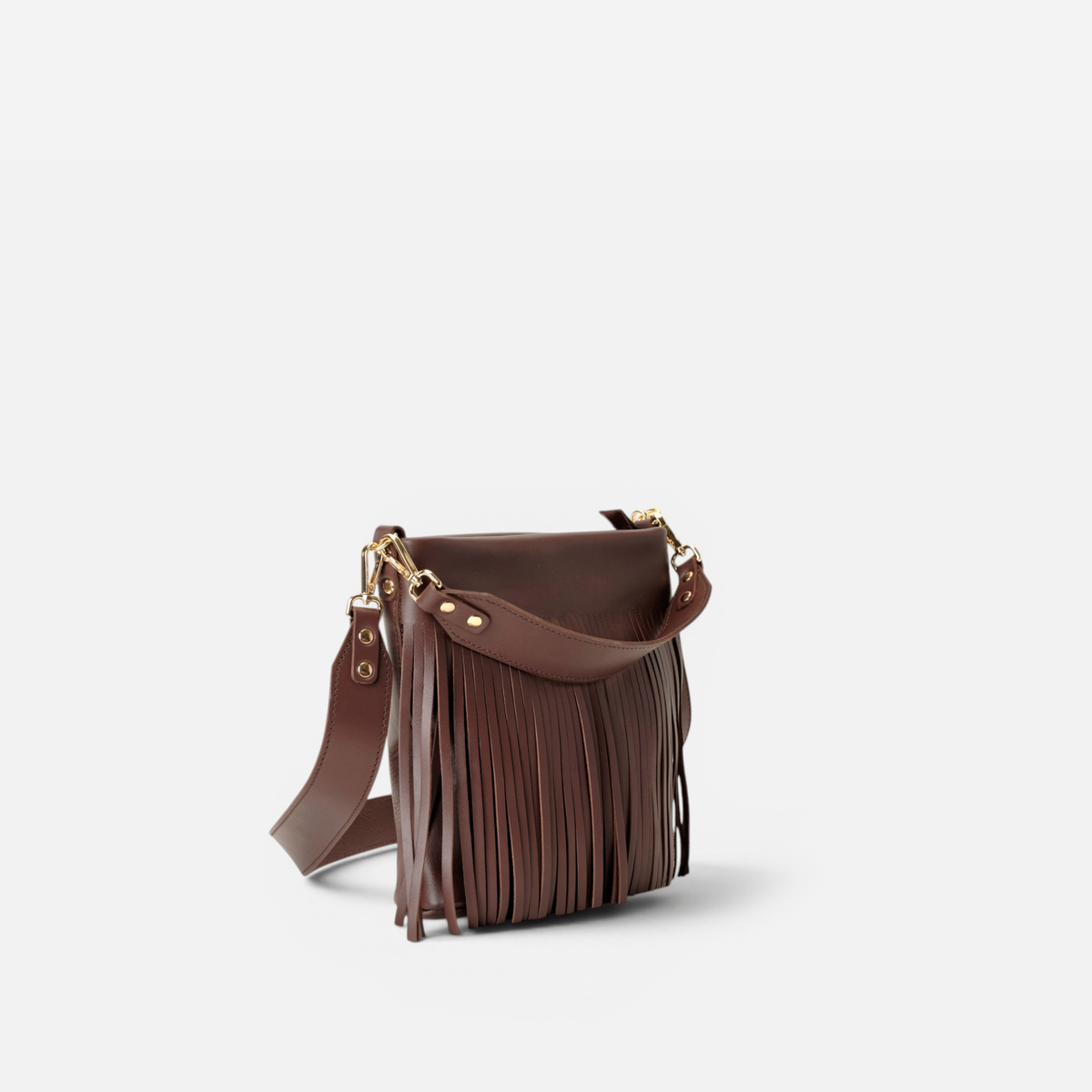 Otra vista: bolso de piel con flecos Tango flecos color marrón testa, de Mercules