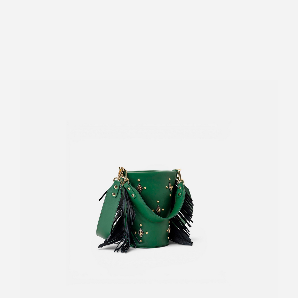Otra vista: bolso pequeño con flecos Candy Flecos color verde y negro, de Mercules