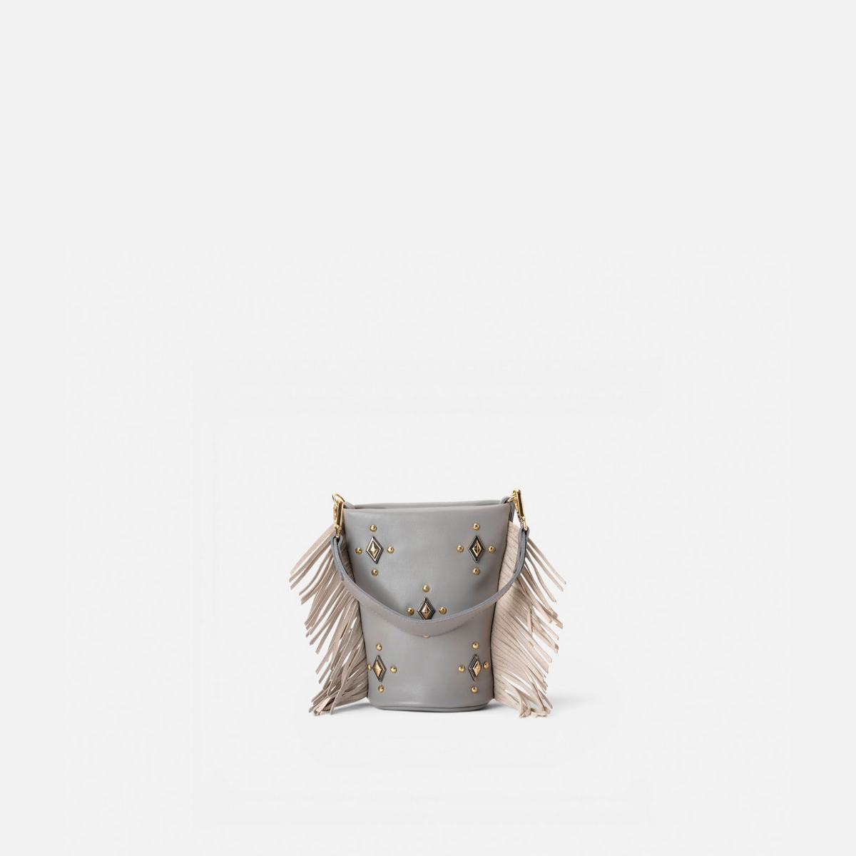 Otra vista: bolso pequeño con flecos Candy Flecos color gris y hueso, de Mercules